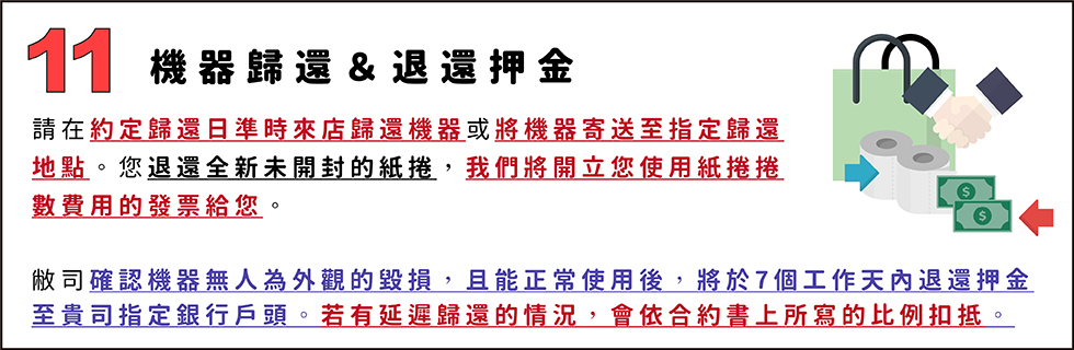 11.機器歸還＆退還押金
請在約定歸還日準時來店歸還機器或將機器寄送至指定歸還
地點。您退還全新未開封的紙捲，我們將開立您使用紙捲捲
數費用的發票給您。

敝司確認機器無人為外觀的毀損，且能正常使用後，將於7個工作天內退還押金至貴司指定銀行戶頭。若有延遲歸還的情況，會依合約書上所寫的比例扣抵。